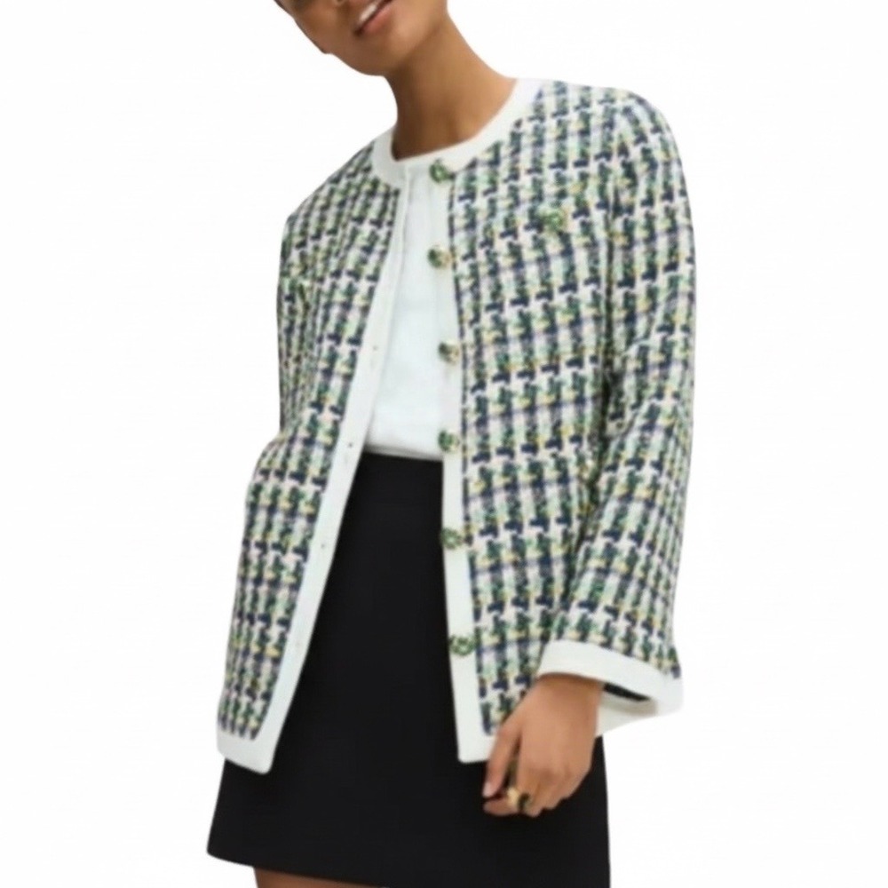 Kate Spade New York Multicolor Tweed Sequin Gold Clover Button Jacket Size 10